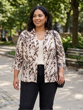 JM Collection Linen V-Neck Button Down Shirt Womens Size 14 Ruched Sleeve Brown